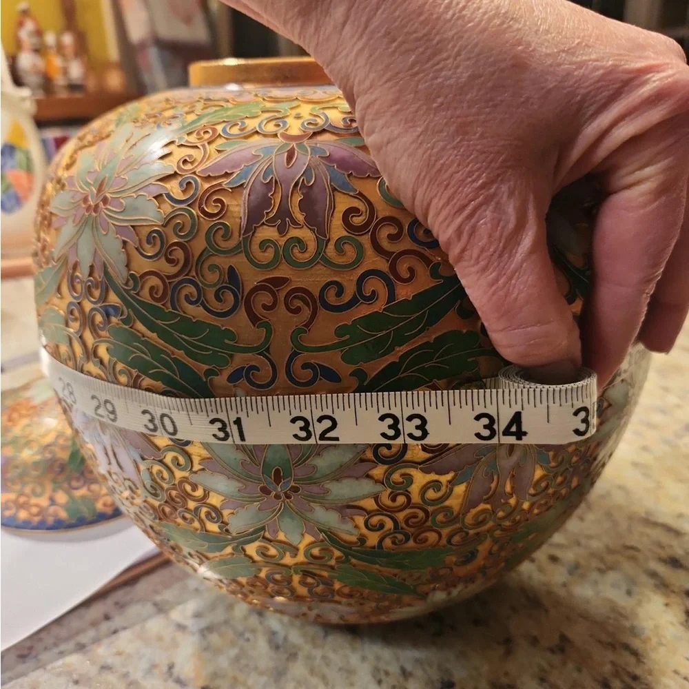 Hand-Painted Floral Cloisonné Ginger Jar - Gold and Green